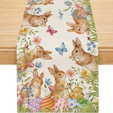 Easter Table Runner, Colorful Bunny Eggs Floral Butterfly Easter Runner for Table Watercolor Seasonal Spring Holiday Home Party Decor Kitchen Dining Table Decorations 13x36 Inch