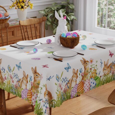 Easter Tablecloth Rectangle 60x84 Inch, Washable Colorful Butterfly Eggs Floral Bunny Easter Table Cloth Spring Waterproof Scalloped Edge Fabric Home Party Picnic Dining Table...