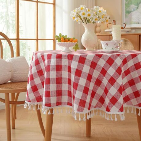 Gingham Round Tablecloth, Tassels Checkered Table Cloth Washable Cotton Linen Plaid Table Cover for Spring Summer Kitchen Dining Party,Red and White,55x55