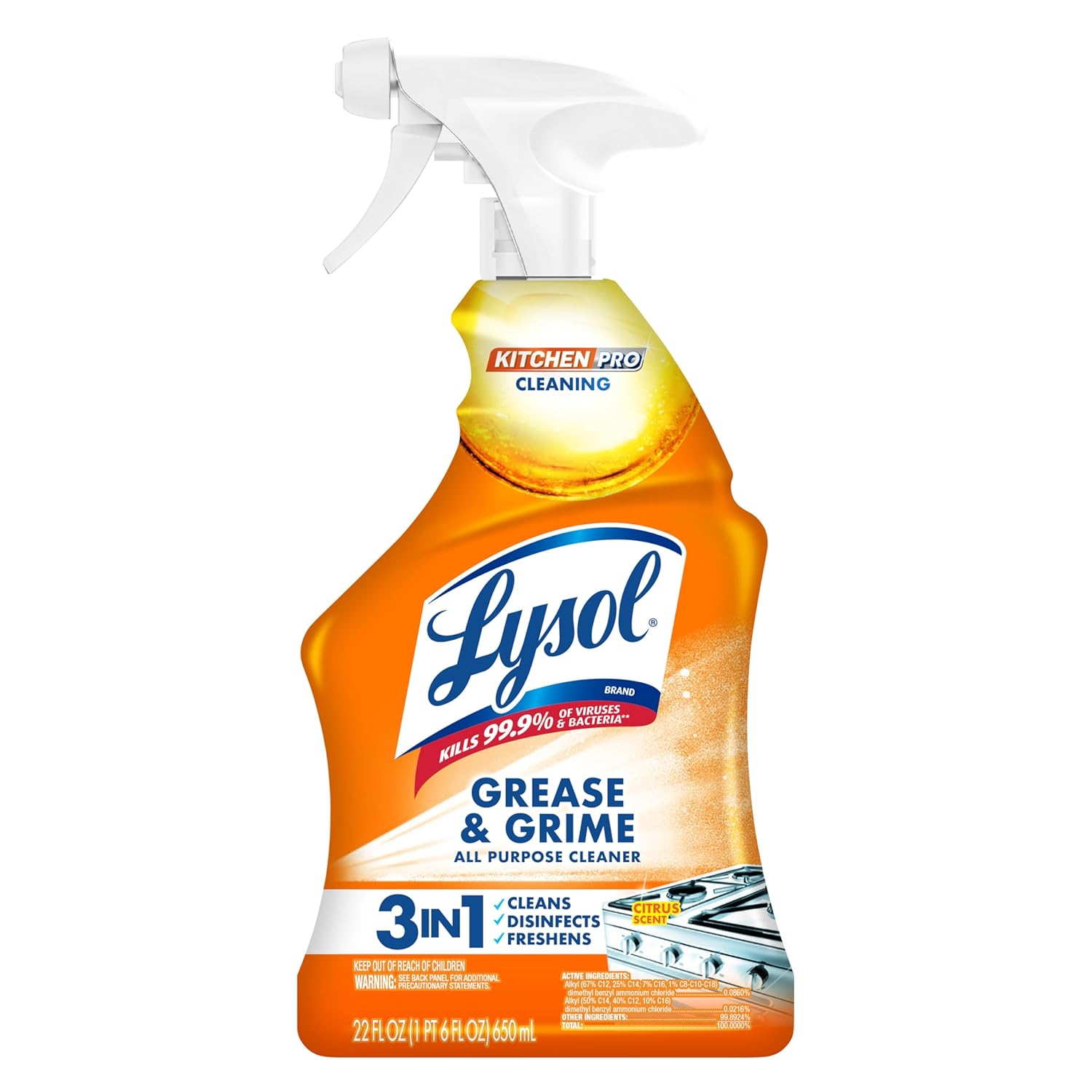 Lysol Pro Kitchen Spray Cleaner and Degreaser, Antibacterial All Purpose Cleaning Spray for Kitchens, Countertops, Ovens, and Appliances, Citrus Scent, 22oz Lysol Pro Kitchen Spray Cleaner and Degreaser, Antibacterial All Purpose Cleaning Spray for Kitchens, Countertops, Ovens, and Appliances, Citrus Scent, 22oz