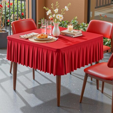 Red Square Tablecloth - 34x34 Inch Stretchy Fitted Tablecloths for Small Square Card Tables with Ruffle Pleated Table Skirt Wrinkle-free Spandex Table Cover for Dining, Kitchen,...