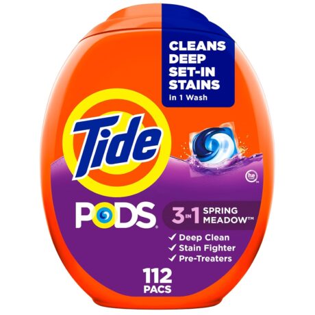 Tide PODS laundry detergent pacs, 3-in-1 Stain Remover, Odor Fighter, Color Protector, 112 Count, HE compatible, Spring Meadow Scent