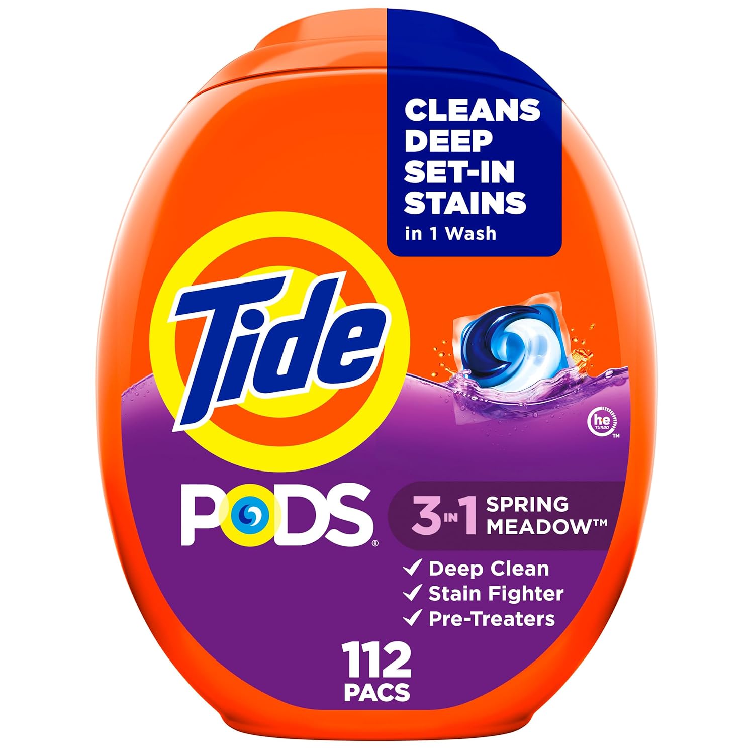 Tide PODS laundry detergent pacs, 3-in-1 Stain Remover, Odor Fighter, Color Protector, 112 Count, HE compatible, Spring Meadow Scent Tide PODS laundry detergent pacs, 3-in-1 Stain Remover, Odor Fighter, Color Protector, 112 Count, HE compatible, Spring Meadow Scent