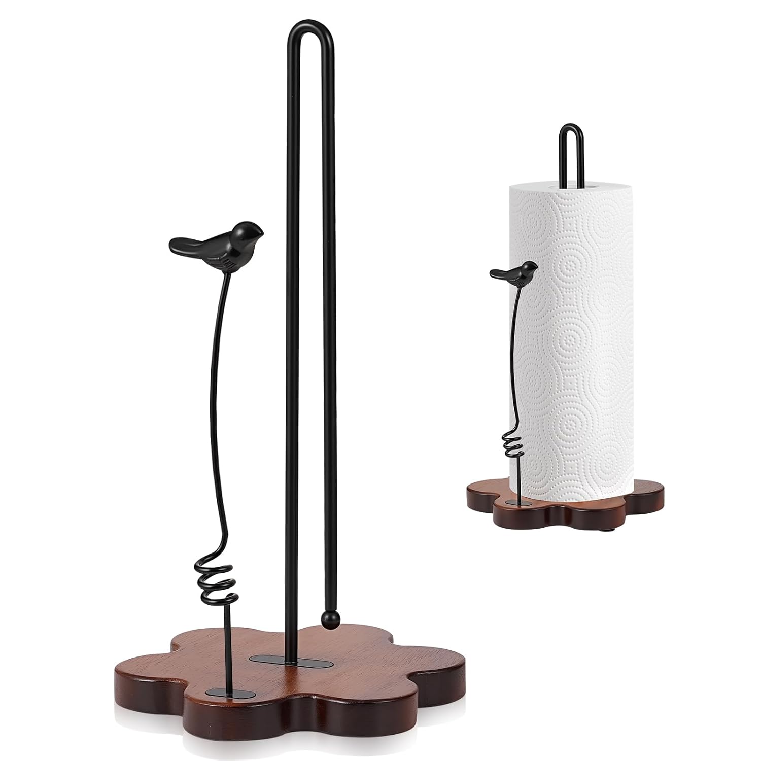 Wood Paper Towel Holder Countertop,Flower Shaped Wood Base with Decorative Spring-Loaded Iron Bird Accent,Dual Iron Rods,Non-Slip Pads,Stable for Kitchen,Dining Room&Home Decor Wood Paper Towel Holder Countertop,Flower Shaped Wood Base with Decorative Spring-Loaded Iron Bird Accent,Dual Iron Rods,Non-Slip Pads,Stable for Kitchen,Dining Room&Home Decor