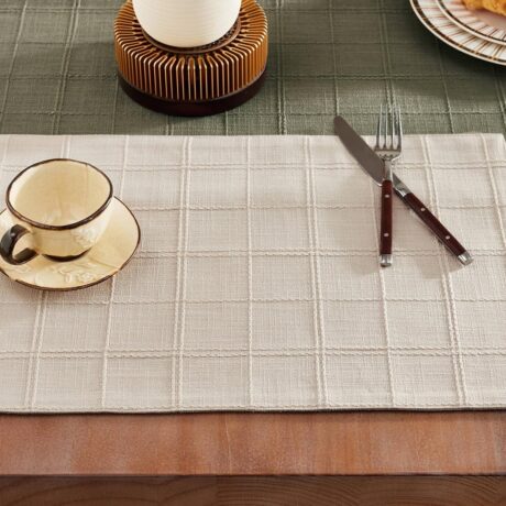 ZeeMart Linen Checked Placemats Set of 4, Plaid Embroidery Textured Table Mats, Double Layer Thick Farmhouse Rustic Place Mats for Kitchen Dining Table Home Decor, Beige 13x19 Inch