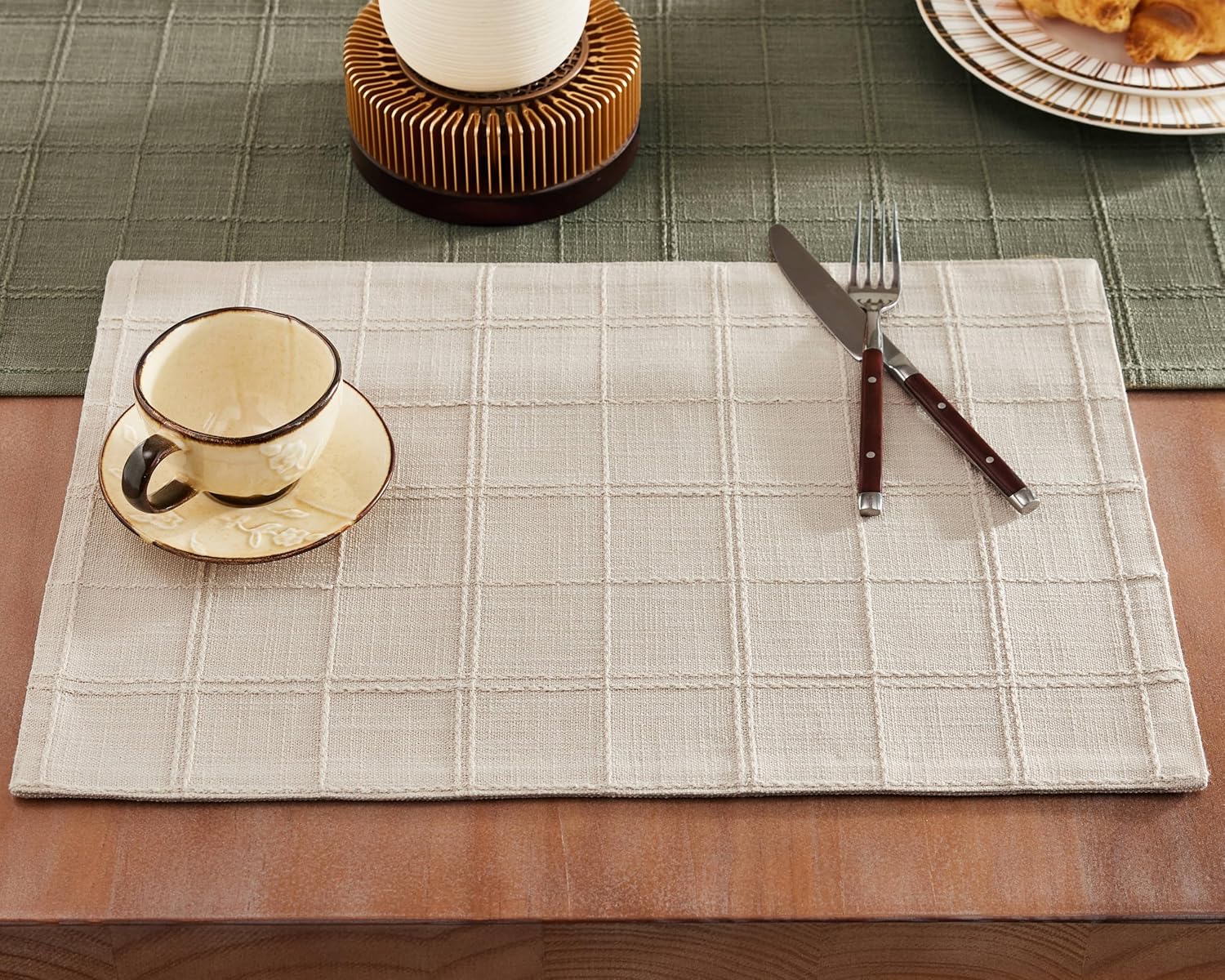 ZeeMart Linen Checked Placemats Set of 4, Plaid Embroidery Textured Table Mats, Double Layer Thick Farmhouse Rustic Place Mats for Kitchen Dining Table Home Decor, Beige 13x19 Inch ZeeMart Linen Checked Placemats Set of 4, Plaid Embroidery Textured Table Mats, Double Layer Thick Farmhouse Rustic Place Mats for Kitchen Dining Table Home Decor, Beige 13x19 Inch